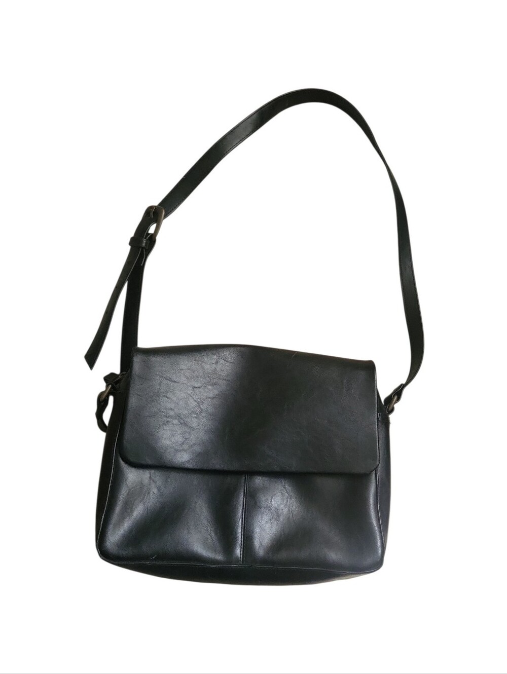 Vintage Liz Claiborne Black Faux Leather Shoulder Bag Preppy Classic Adjustable